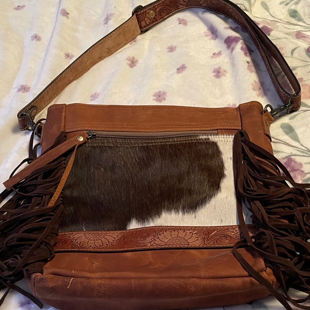 Myra Bag Brown and White Cowhide Fringe Shoulder Bag